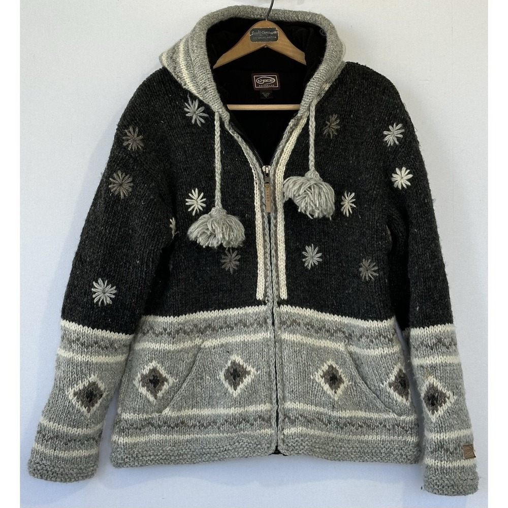 Kyber Outerwear Wool Cardigan Sweater Nepali Gray Hooded Lined WOmen's L